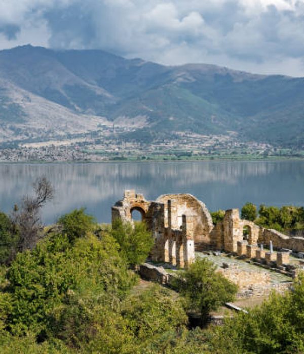 Landscape with the ruins of the Basilica of Agios (Saint) Achillios at the Small Prespa Lake in northern Greece